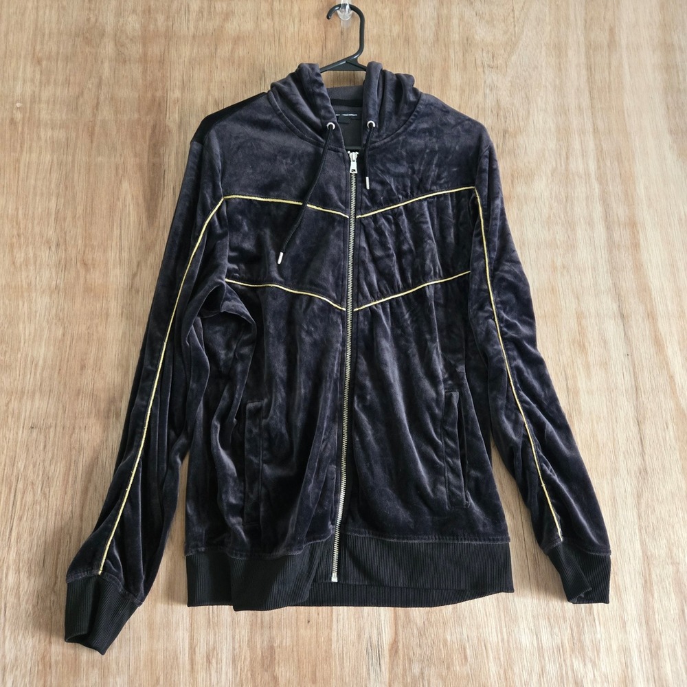 INC International Concepts Black Velour Gold Piping Zip Up Hoodie Size M